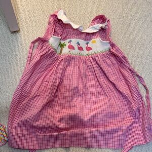 Smocked Pink Gingham Dress with Flamingo Embroidery
